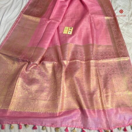 Buy Online Baby Pink Pure Linen Banarasi Saree