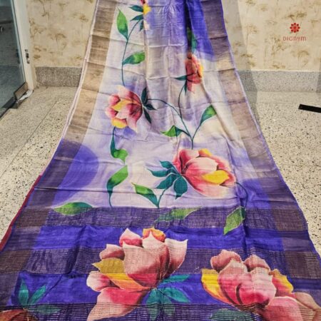 Buy Online Purple Hand Painted Pure Tussar Silk Saree