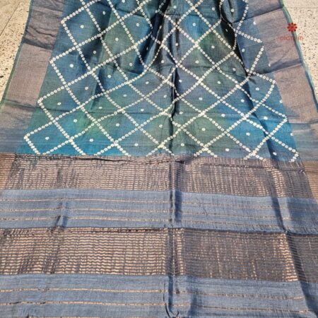 Buy Online Cadet Blue Hand Painted Pure Tussar Silk Saree