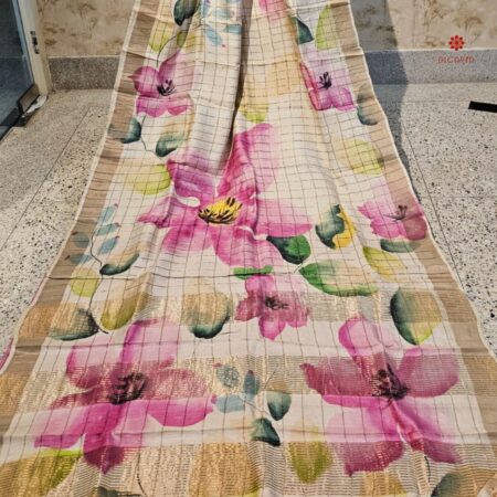 Buy Online Off-White and Pink Hand Painted Pure Tussar Silk Saree