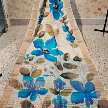 Buy Online Off-White and Blue Hand Painted Pure Tussar Silk Saree