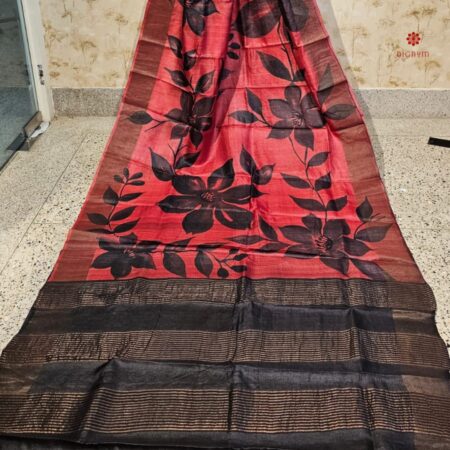 Buy Online Candy Red Hand Painted Pure Tussar Silk Saree