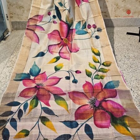 Buy Online Off White and Red Hand Painted Pure Tussar Silk Saree