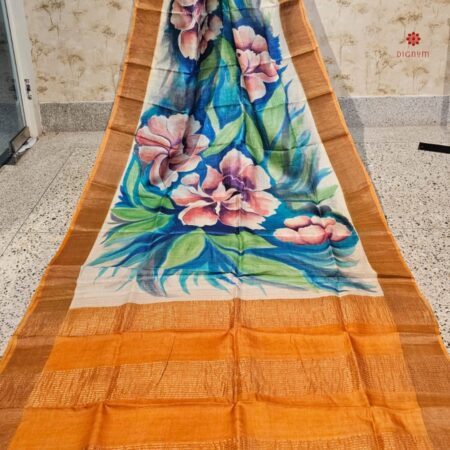 Buy Online Saffron Orange Hand Painted Pure Tussar Silk Saree