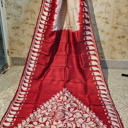 Buy Online Red & White Hand Painted Batik Pure Silk Saree