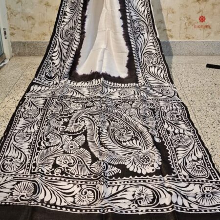 Buy Online White & Black Hand Painted Batik Pure Silk Saree
