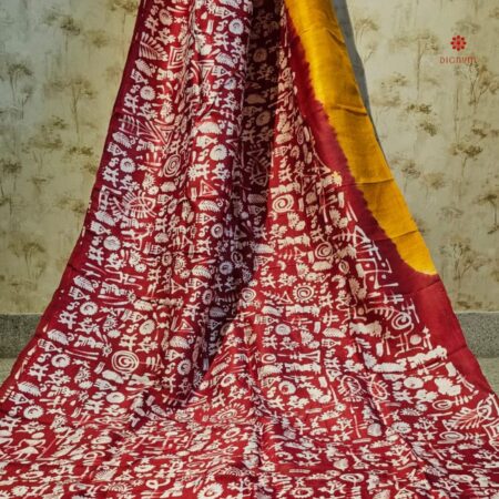 Buy Online Yellow & Red Hand Painted Batik Pure Silk Saree