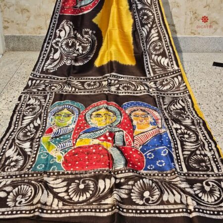 Buy Online Bright Yellow Hand Painted Batik Pure Silk Saree