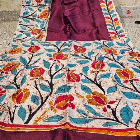 Buy Online Wine & White Hand Painted Batik Pure Silk Saree