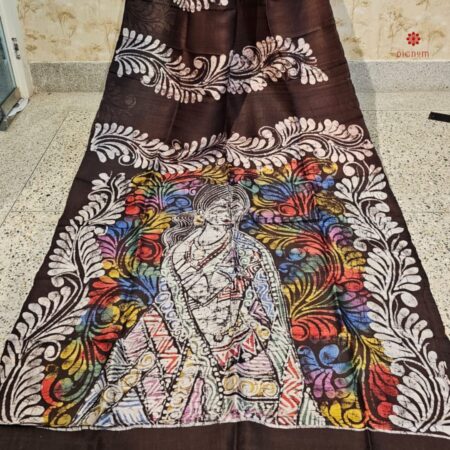 Buy Online Orange & Brown Hand Painted Batik Pure Silk Saree