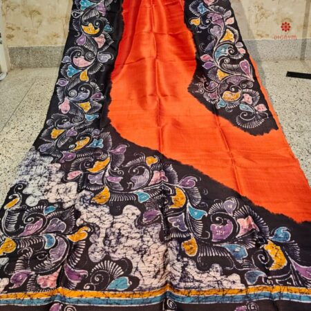 Buy Online Orange & Black Painted Batik Pure Silk Saree