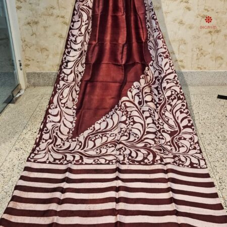Buy Online Brown & White Hand Painted Batik Pure Silk Saree