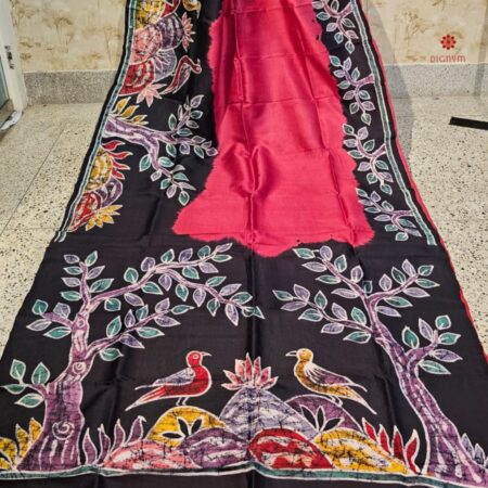 Buy Online Pink & Black Hand Painted Batik Pure Silk Saree