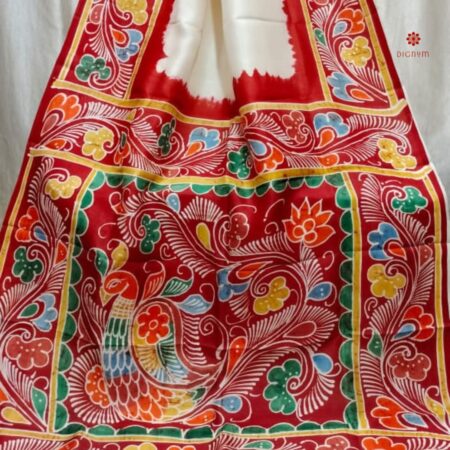 Buy Online White & Red Hand Painted Batik Pure Silk Saree