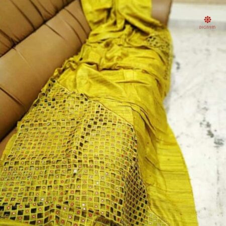 Buy Online Yellow Pure Tussar Silk Cutwork Scallop Embroidery Saree