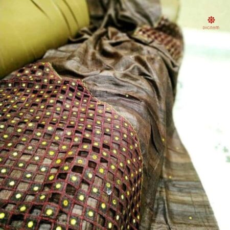 Buy Online Grey Pure Tussar Silk Cutwork Scallop Embroidery Saree
