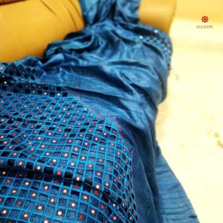 Buy Online Blue Pure Tussar Silk Cutwork Scallop Embroidery Saree