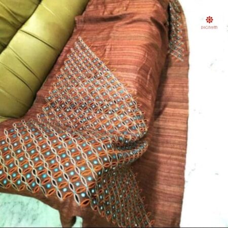 Buy Online Brown Pure Tussar Silk Cutwork Scallop Embroidery Saree