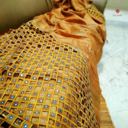 Buy Online Orange Pure Tussar Silk Cutwork Scallop Embroidery Saree