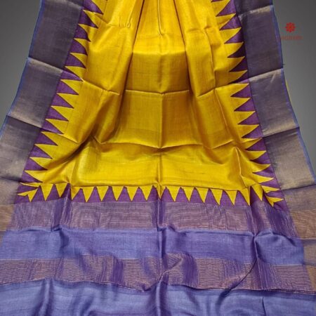 Buy Online Bright Yellow Pure Zari Tussar Hand Block Print Saree