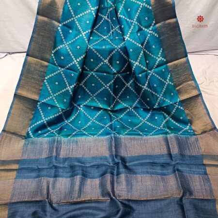 Buy Online Cerulean Blue Pure Zari Tussar Hand Block Print Saree