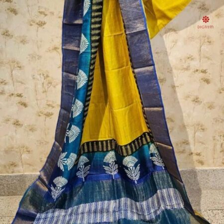 Buy Online Bumblebee Yellow Pure Zari Tussar Hand Block Print Saree