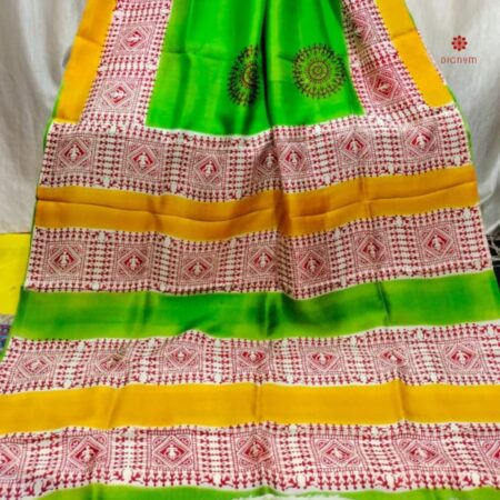Buy Online Green and Yellow Pure Bishnupuri Silk Saree