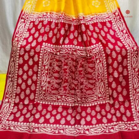 Buy Online Yellow and Red Pure Bishnupuri Silk Saree