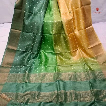 Buy Online Green Ombre Pure Zari Tussar Hand Block Print Saree