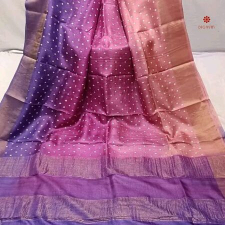 Buy Online Pink Ombre Pure Zari Tussar Hand Block Print Saree