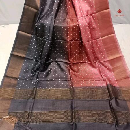 Buy Online Multicolor Pure Zari Tussar Hand Block Print Saree
