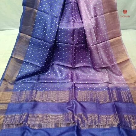 Buy Online Purple Ombre Pure Zari Tussar Hand Block Print Saree