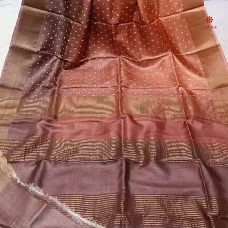 Buy Online Ombre Brown Pure Zari Tussar Hand Block Print Saree