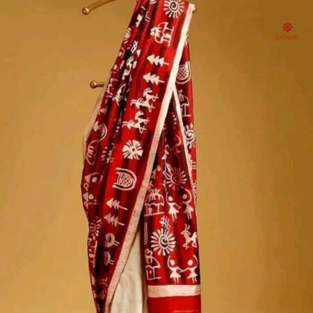 Buy Online Red and White Hand Painted Batik Pure Silk Saree