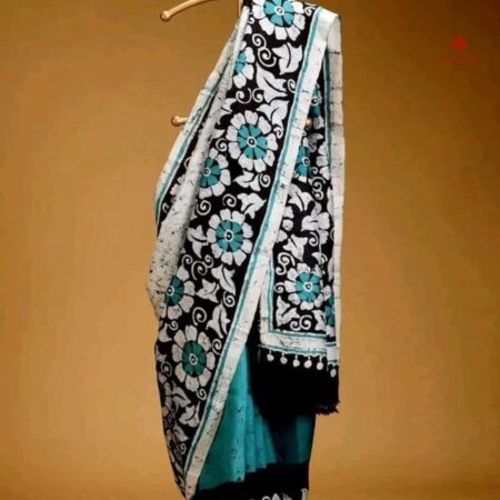 Buy Online Blue Hand Painted Batik Pure Silk Saree
