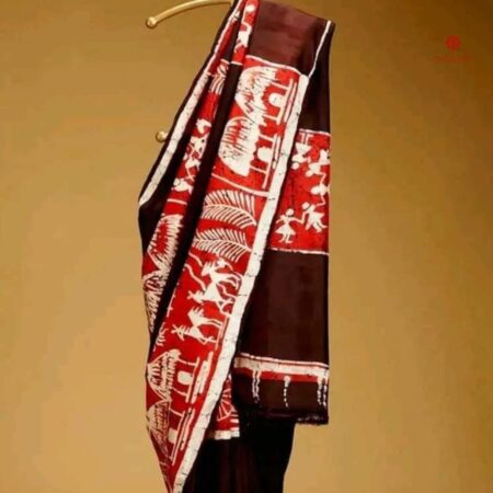Buy Online Brown and Red Hand Painted Batik Pure Silk Saree