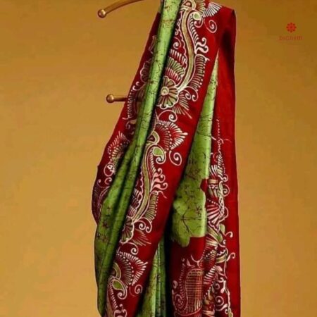 Buy Online Green Hand Painted Batik Pure Silk Saree