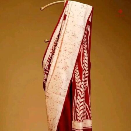 Buy Online White and Red Hand Painted Batik Pure Silk Saree