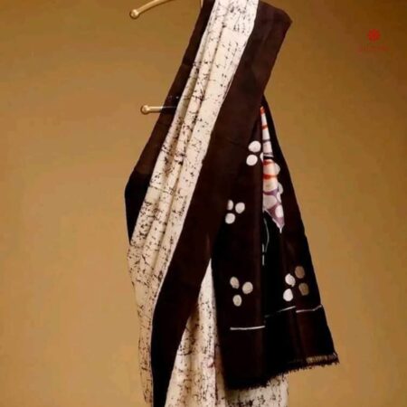Buy Online White and Brown Hand Painted Batik Pure Silk Saree