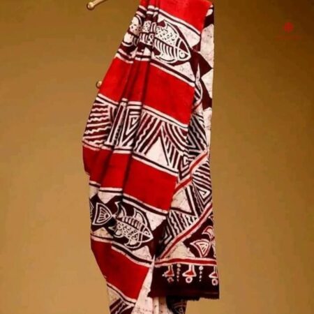 Buy Online Off-White and Red Hand Painted Batik Pure Silk Saree