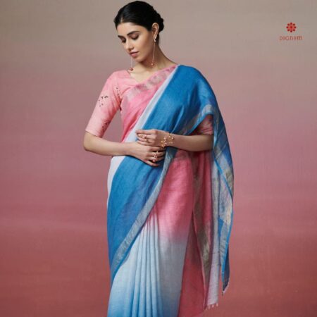 Buy Online Twin Shade Pure Linen Zari Border Saree