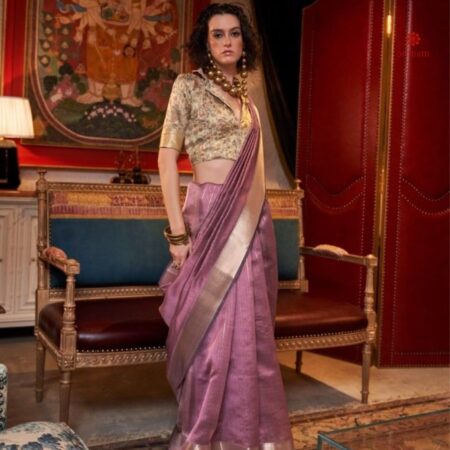 Buy Online Rose Pink Moss Chiffon Handloom Weaving Saree