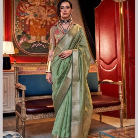 Buy Online Pista Green Moss Chiffon Handloom Weaving Saree