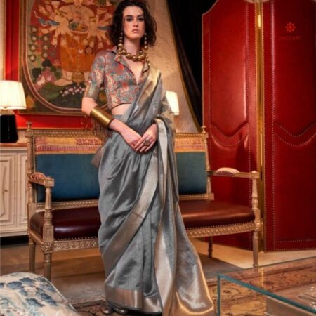 Buy Online Porpoise Grey Moss Chiffon Handloom Weaving Saree