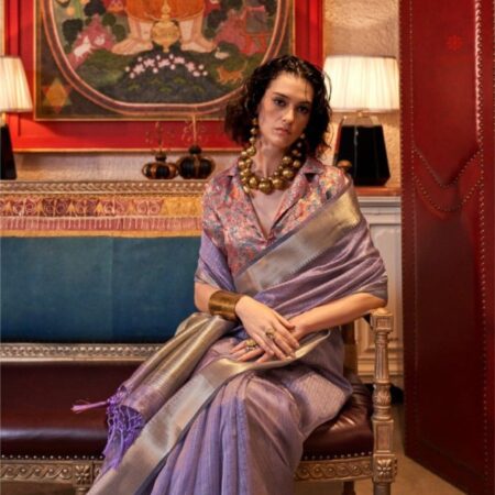 Buy Online Lavender Purple Moss Chiffon Handloom Weaving Saree
