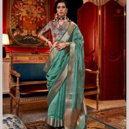 Buy Online Tiffany Blue Moss Chiffon Handloom Weaving Saree