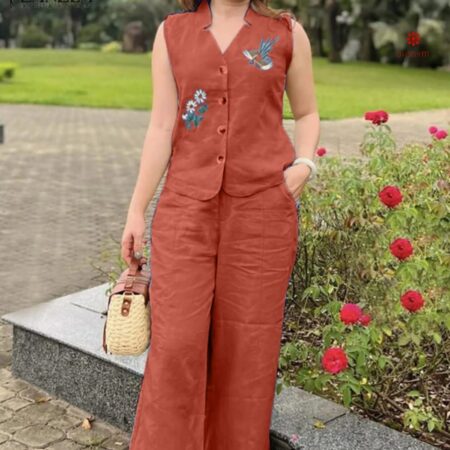 Buy Online Brown Cotton Embroidered Co-ord Set