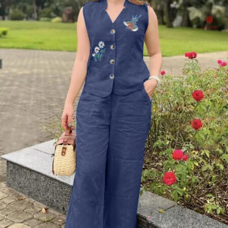 Buy Online Dark Blue Cotton Embroidered Co-ord Set