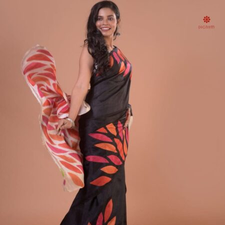 Buy Online Raven Black Pure Silk Hand Painted Saree