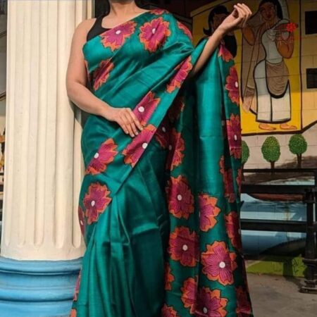 Buy Online Persian Green Pure Silk Hand Painted Saree